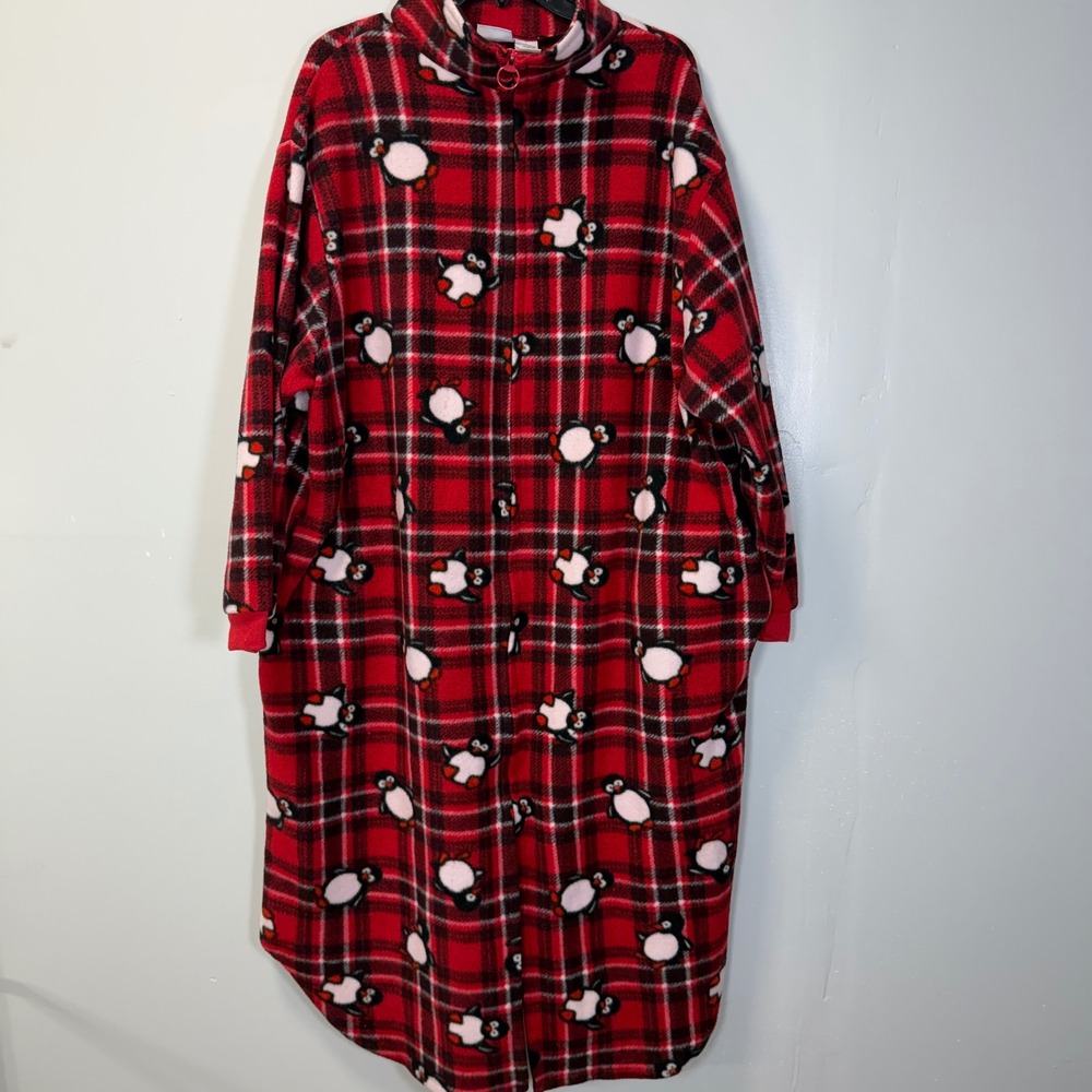 Basic Editions Red Plaid Penguin Fleece Zip Front Nightgown Robe Plus Size 1X